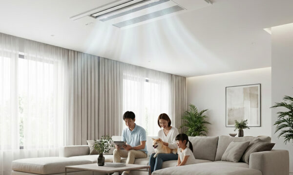 ハウジングエアコンとくつろいでいる家族の様子