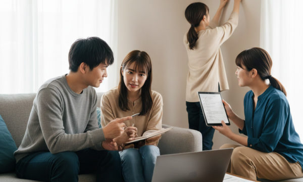 リビングでエアコン選びについて相談している4人の男女。ソファに座った夫婦がノートパソコンでエアコンの情報を確認しており、別の女性はタブレットを見せながら説明している。奥では別の女性が壁のサイズを測っている。